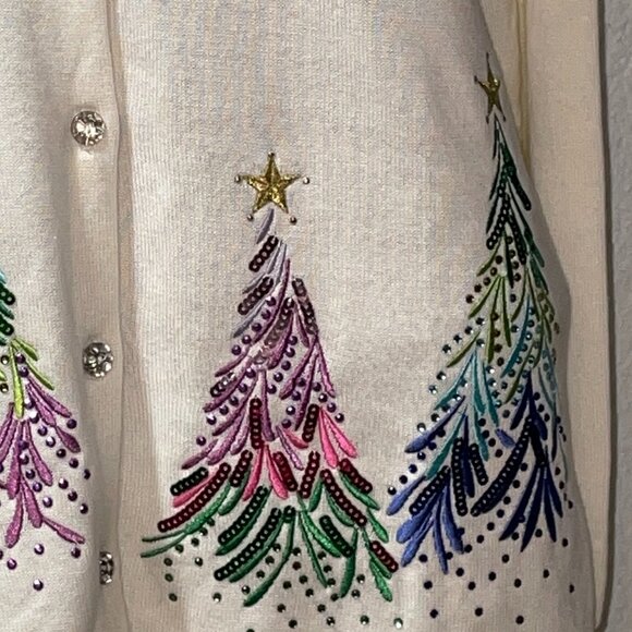 NWT White Sequined Sparkly Christmas Trees Cardigan Sweater QUACKER FACTORY XS - Picture 4 of 7